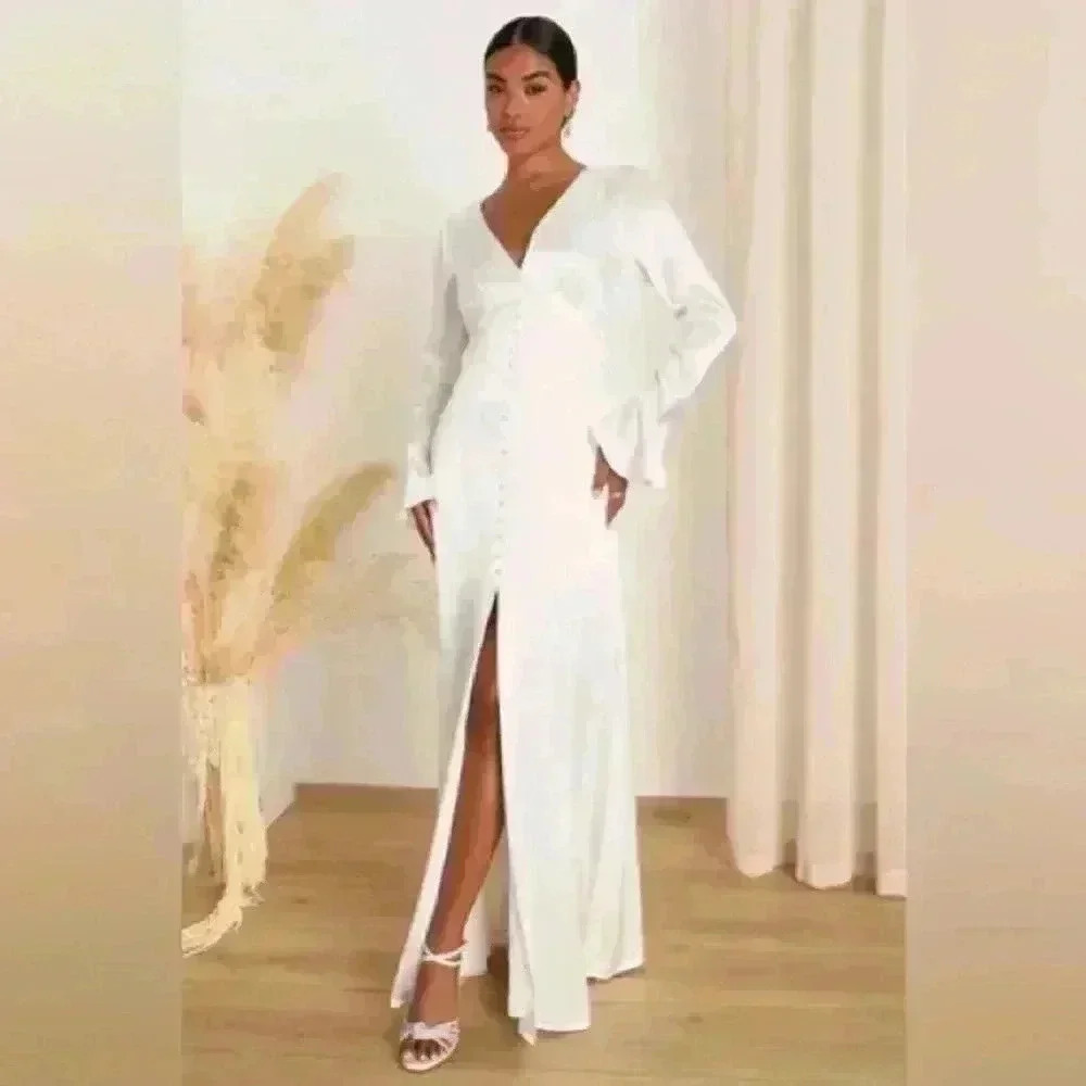 Lulus Elegant Celebration White Satin Long Sleeve Slip Maxi Dress Size Medium